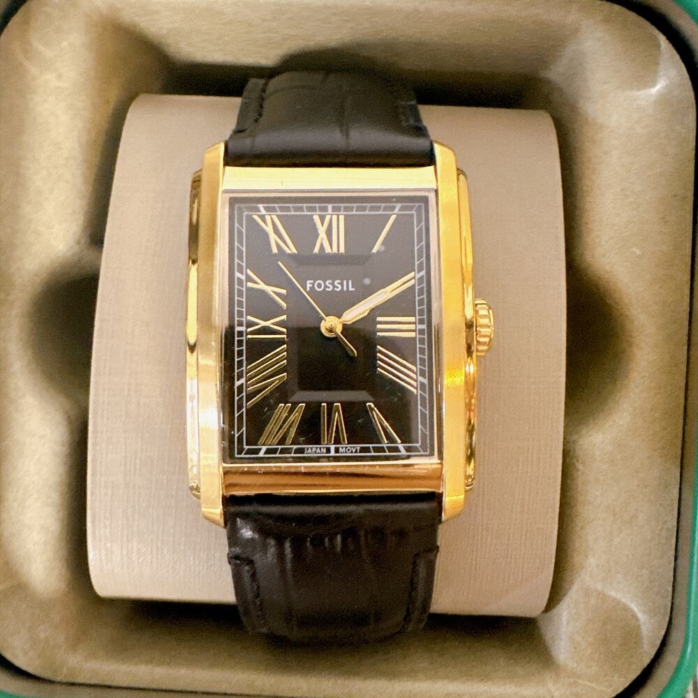 Fossil FS6091 Carraway Gold‑Tone Rectangular Men Dress Watch Black Leather Strap